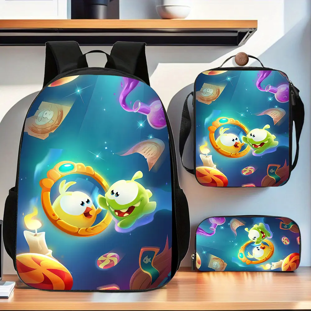 Durable Water Resistant 3-Piece Backpack Set for Kids, Lightweight School Bag with Lunch Box, Deep Teal Magical Wizard Scene Cute Slime Creature & Bird Mirror Cartoon Fantasy Print, Spacious 15in Laptop Backpack with Soft Padded Straps