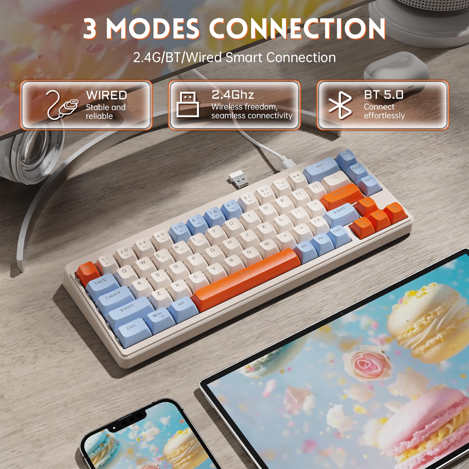 M68 TKL Wireless Gaming Keyboard, 3-Mode Compact Membrane Keyboard, Rechargeable 2000 mAh Keyboard with Rainbow Backlit & 19 Keys Anti-ghosting