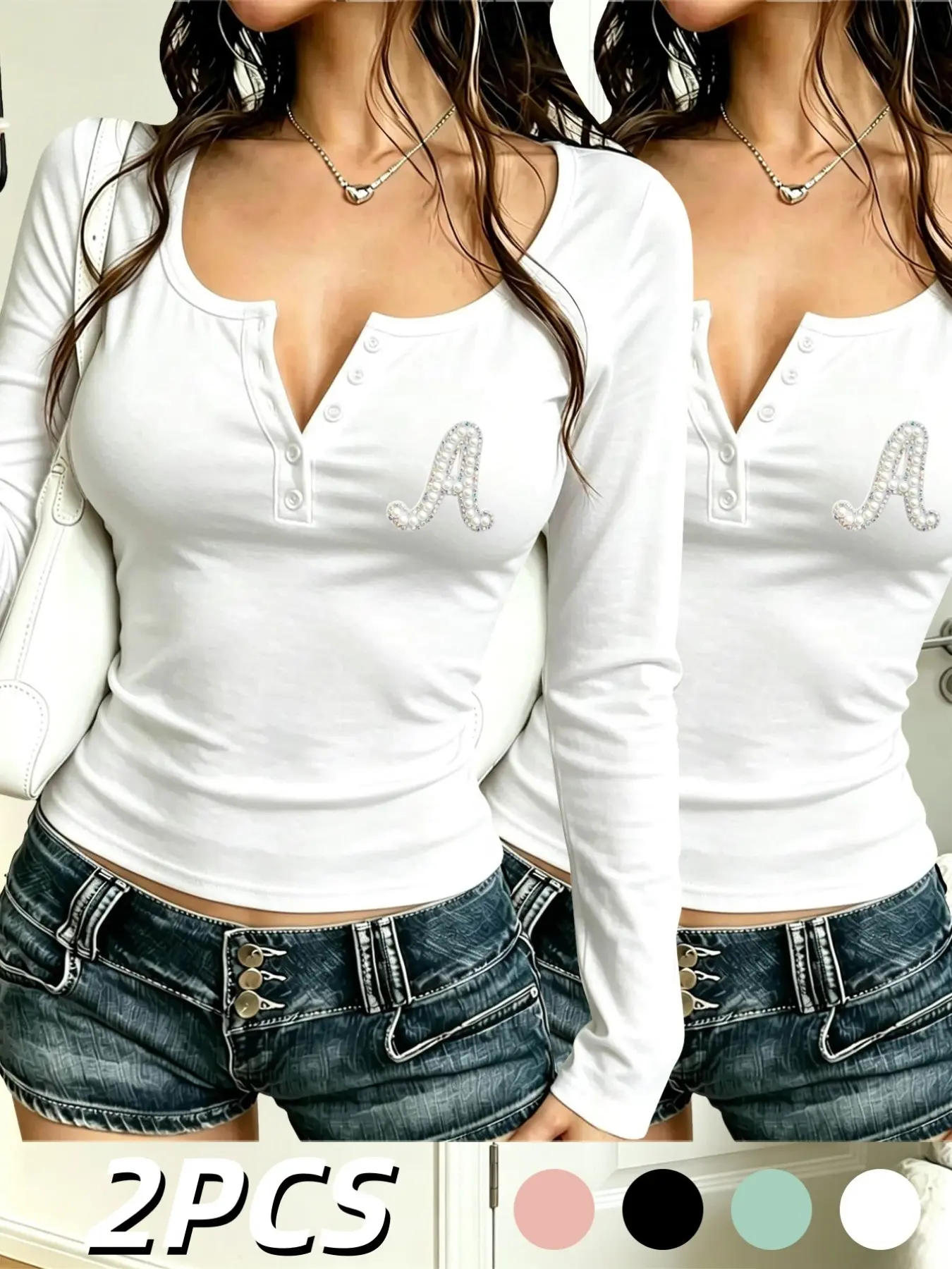 Women's Long Sleeve Henley T-Shirt, Fall New Arrival, Pearl Rhinestone Letter Print, Fitted Sexy Top, Elastic Comfortable Slim Fit