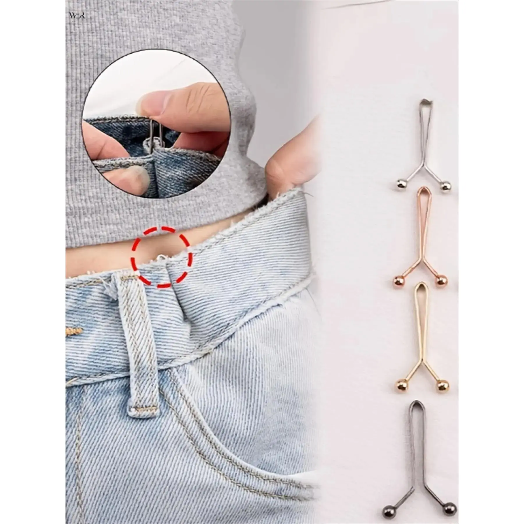 Waist Adjustor Pins, 8 Pack Y-Shape Antirust Metal Clips with Ball End Tips for Jeans, Reusable No-Sew Buckle for Pant Size Adjustment, 4 Colors