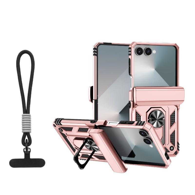 360 ° Rotating Metal Car Bracket Ring Solid Color Armor Lanyard Phone Case For Samsung Galaxy Z Flip 7 6 5 4 3 Protection Cover