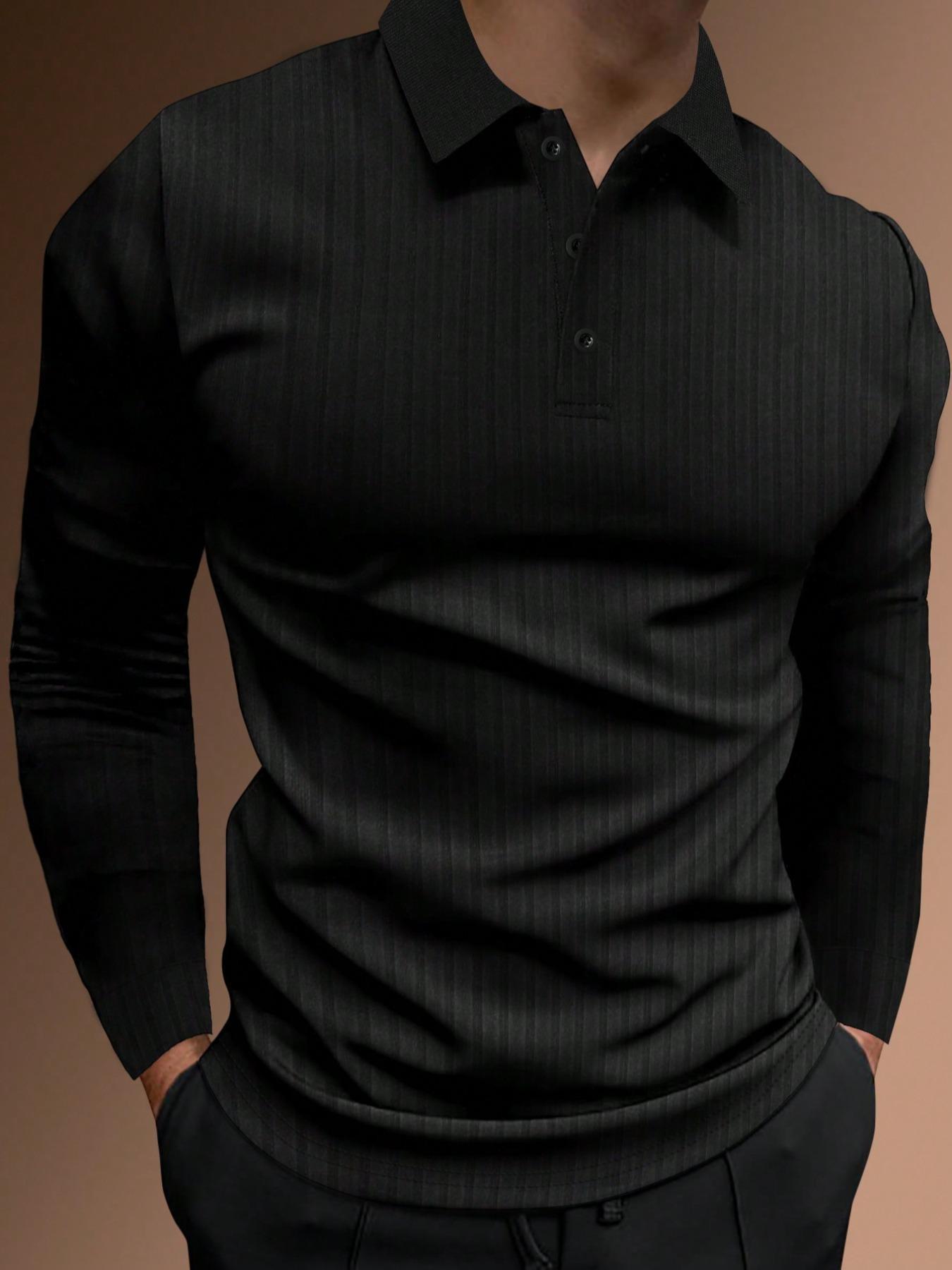 Men's Solid Color Button Polo Shirt, Regular Fit Business Casual Long Sleeve Top, Spring & Fall Fashion, Daily Wear Men's Clothing