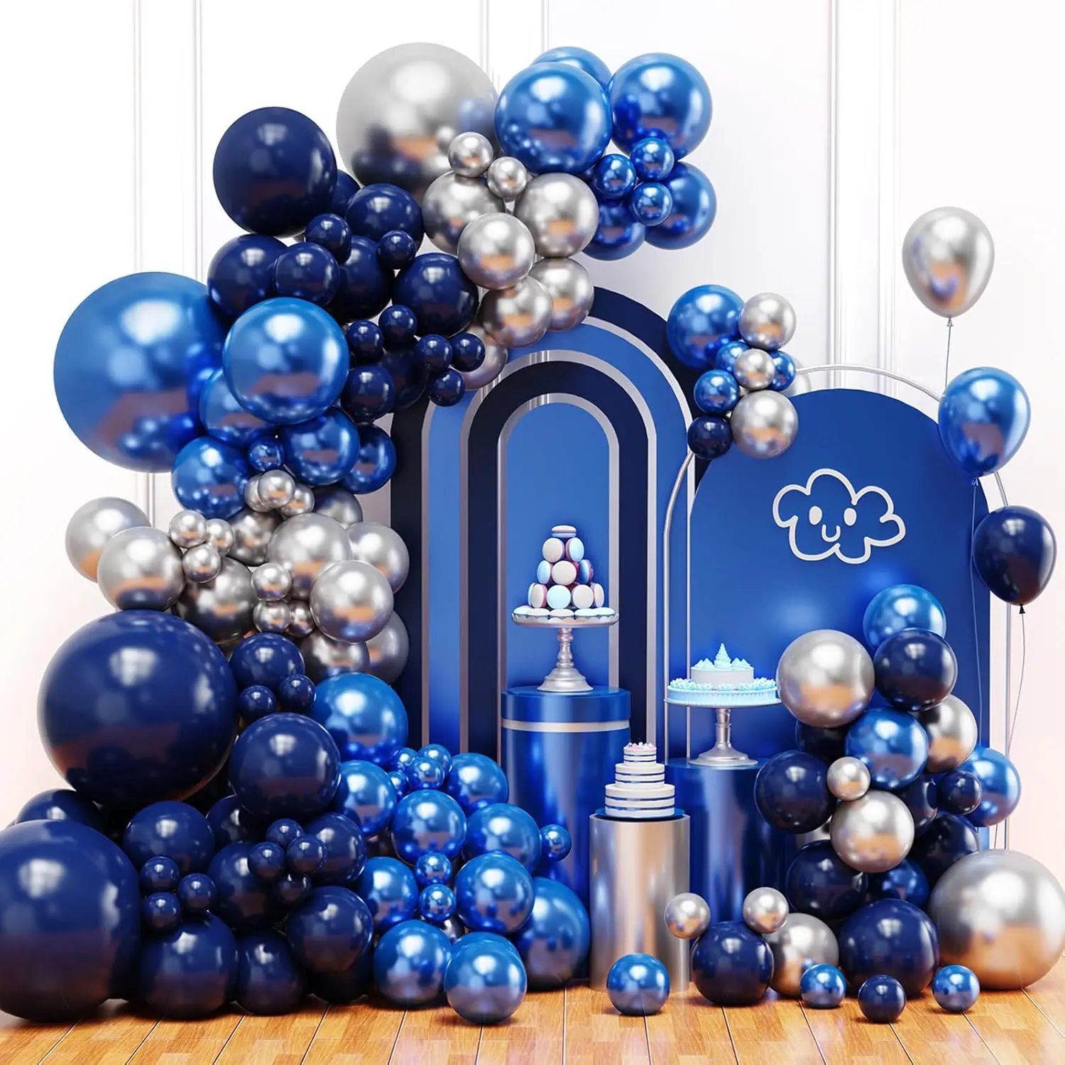 Blue Balloon Arch Kit, Navy Blue and Silver Balloons Garland Arch Kit with Assorted Sizes, Shiny Metallic Blue Silver Balloons for Birthday Baby Shower Graduation & 2026 Prom Party Decor