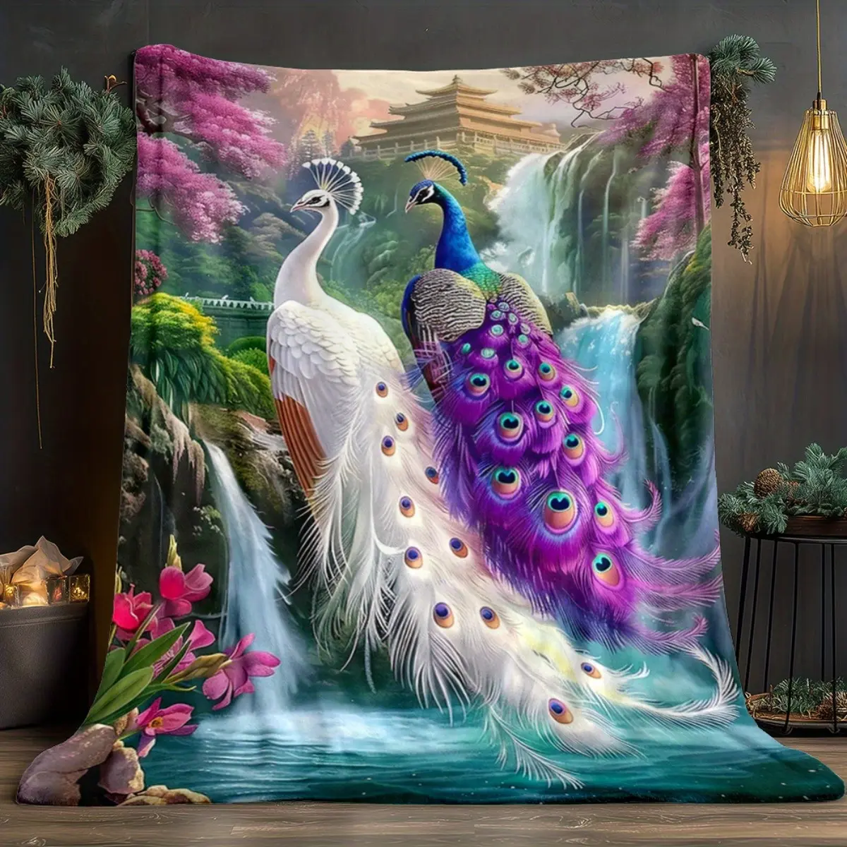 1pc Lightweight Peacock Purple Blanket, 280Gsm, Ideal for Sofas, Beds, Travel, Camping, Living Rooms, Offices, And Chairs. Made from Soft And Warm Fabric with a Digital Print