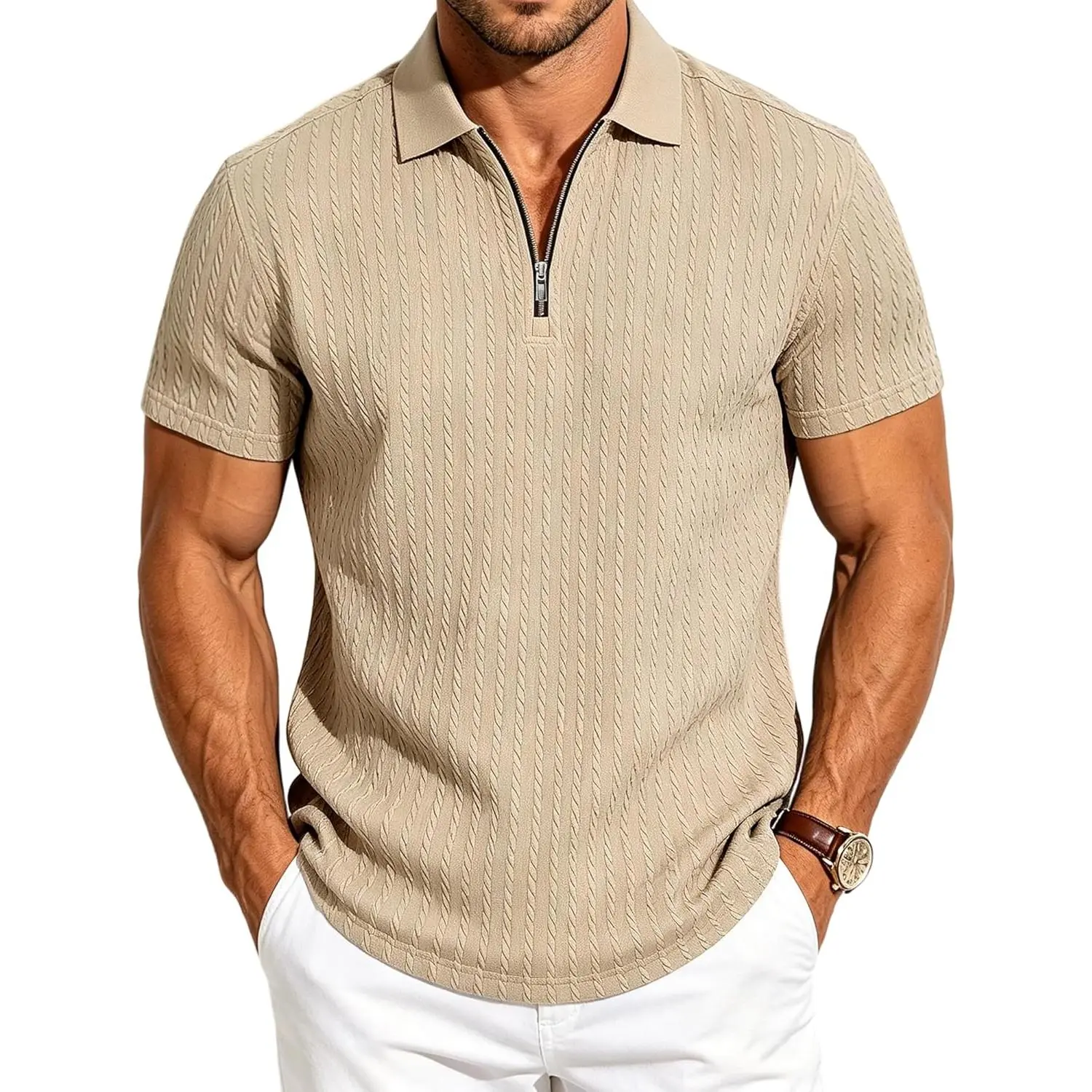 Men's Quarter-Zip Ribbed Knit Polo Shirts - Soft Fabric Menswear, Stretchy Short-Sleeve Casual Summer Outdoor Beach Golf Shirts, Classic