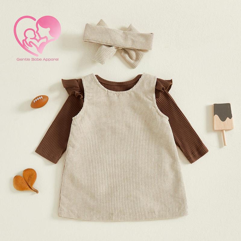 (95% Cotton) GBA Baby Girls Fall Outfit, Long Sleeve Romper with Embroidery Letters Overall Dress and Headband, Casual Baby Girls Set