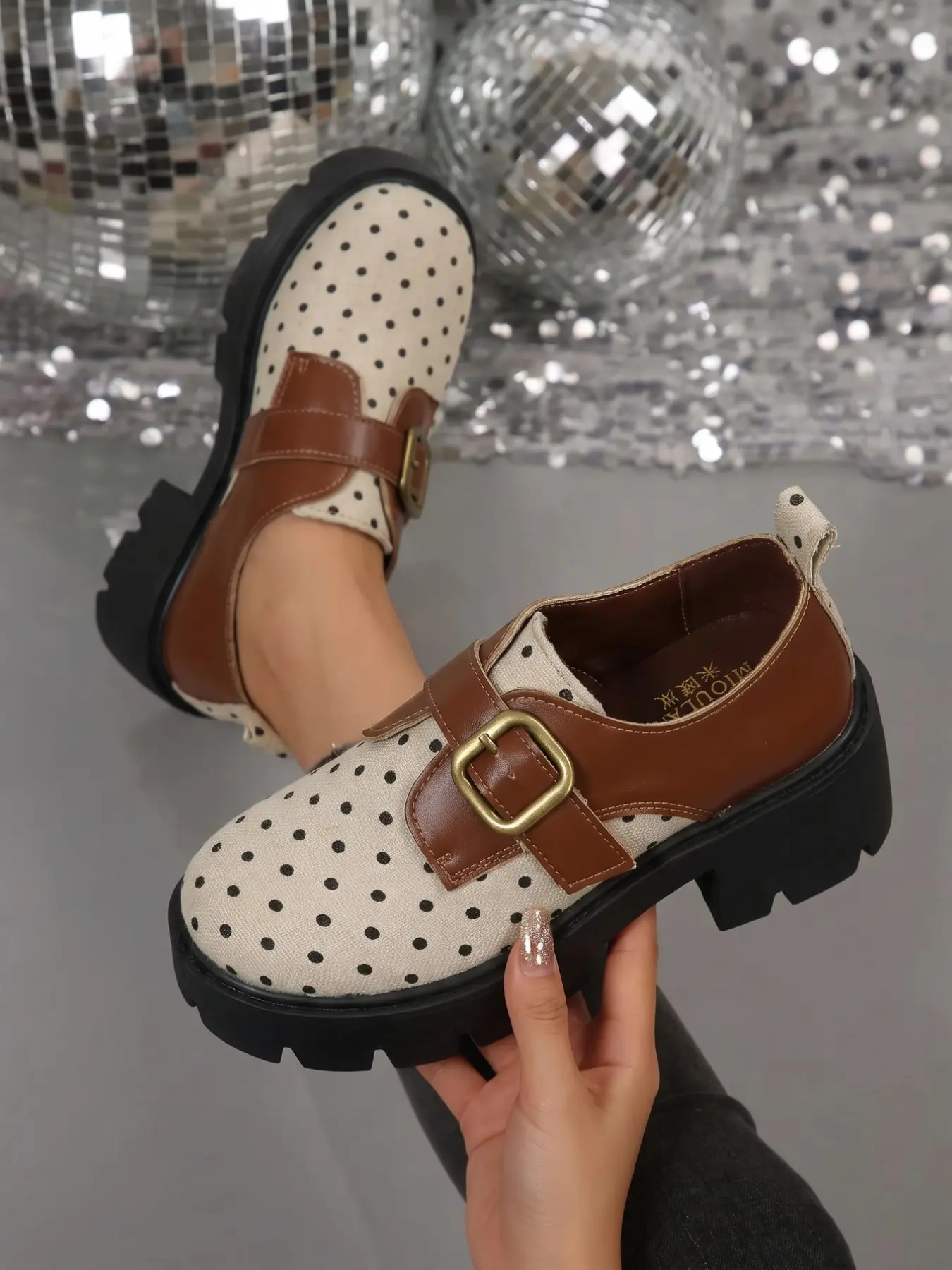 Women Polka Dot Canvas Spliced Platform Loafers, Metal Buckle Chunky Heel, Vintage Mary Jane Shoes, Ladies Casual Thick Sole Shoes
