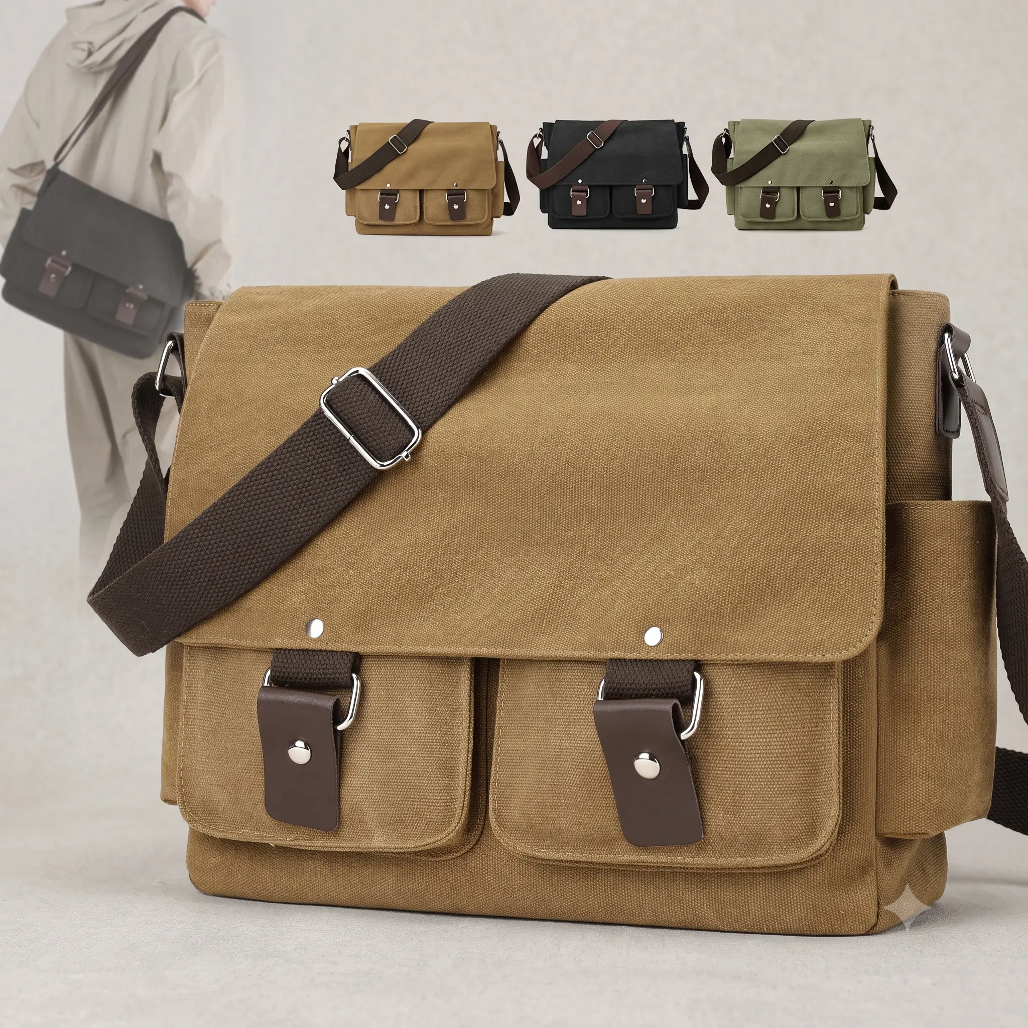 Men's Structured Retro Canvas Messenger Bag - 12in Laptop-Fit, Wear-Resistant, Solid Color Shoulder Crossbody Bag with Belt Buckle Stitching Detail for Work, Travel tiktokshopbacktoschool