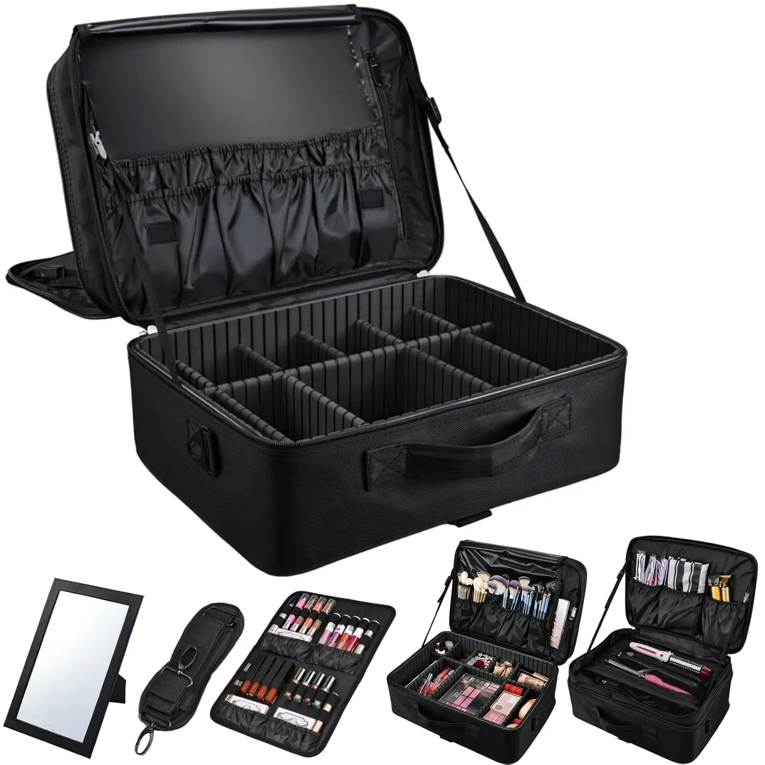 Large Makeup Bag, 3 Layers 17” Makeup Case Organizer with Mirror Professional  Storage Backpack Box Travel Artist Carrying  Bags with Brush Slot/ Strap/Attach to Suitcase