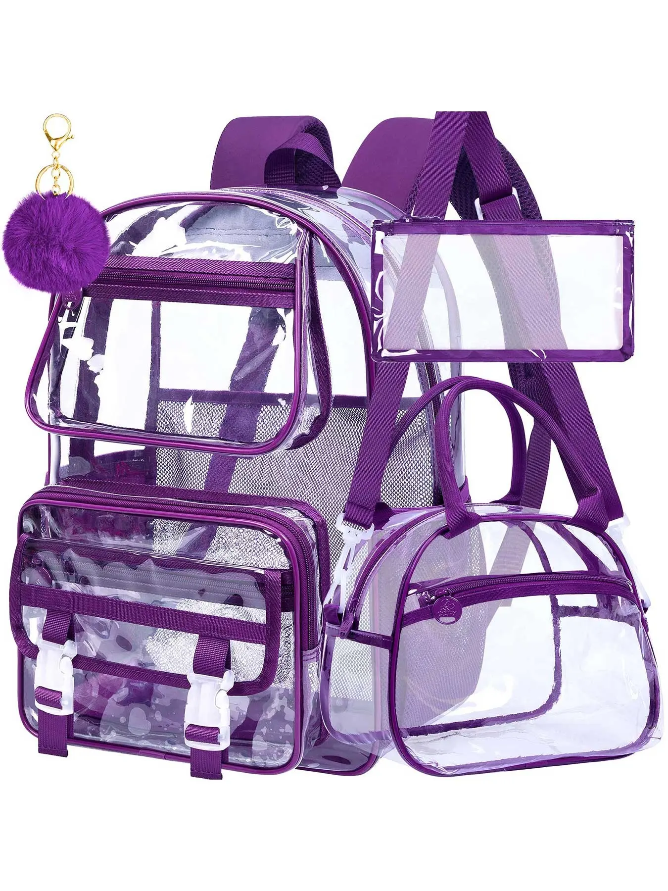 Clear Backpack Heavy Duty, 3PCS Girls See Through School Bag Set, Youth Backpack, Cute Transparent Bookbag for Women - Deep Purple