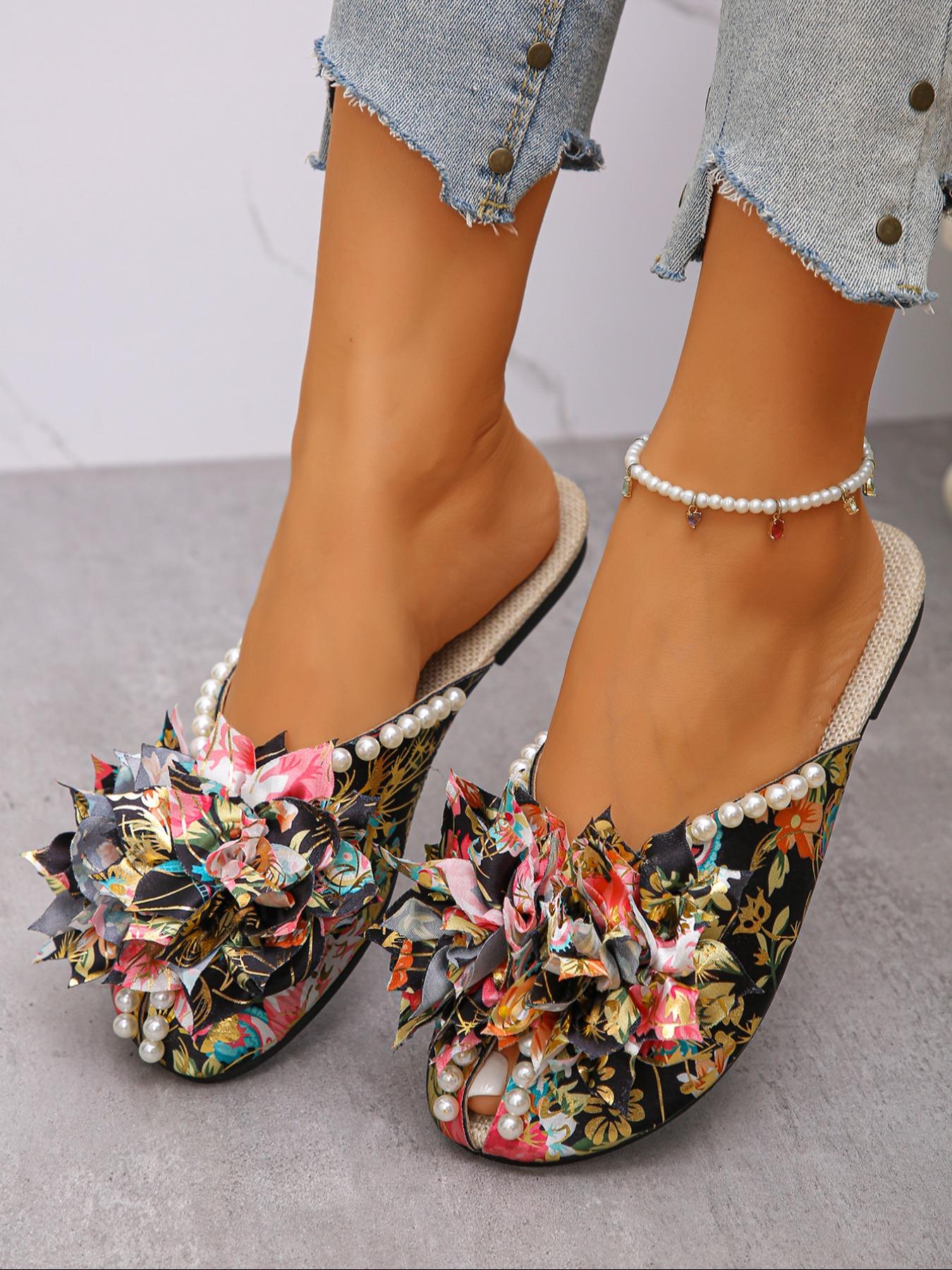 Elegant Women's Sandals with Cute Flower Decorations, Pearl Accents, Random Floral Prints, Round Toe Slip-Ons for Beach Vacation Office School