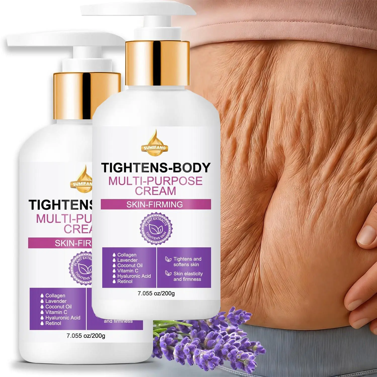 Multi-purpose body firming cream, large capacity (2 pieces). Bouncy Body Cream Firms skin, improves elasticity, reduces sagging. Suitable for the whole body, including abdomen, thighs, and arms. Moisturizes and hydrates.