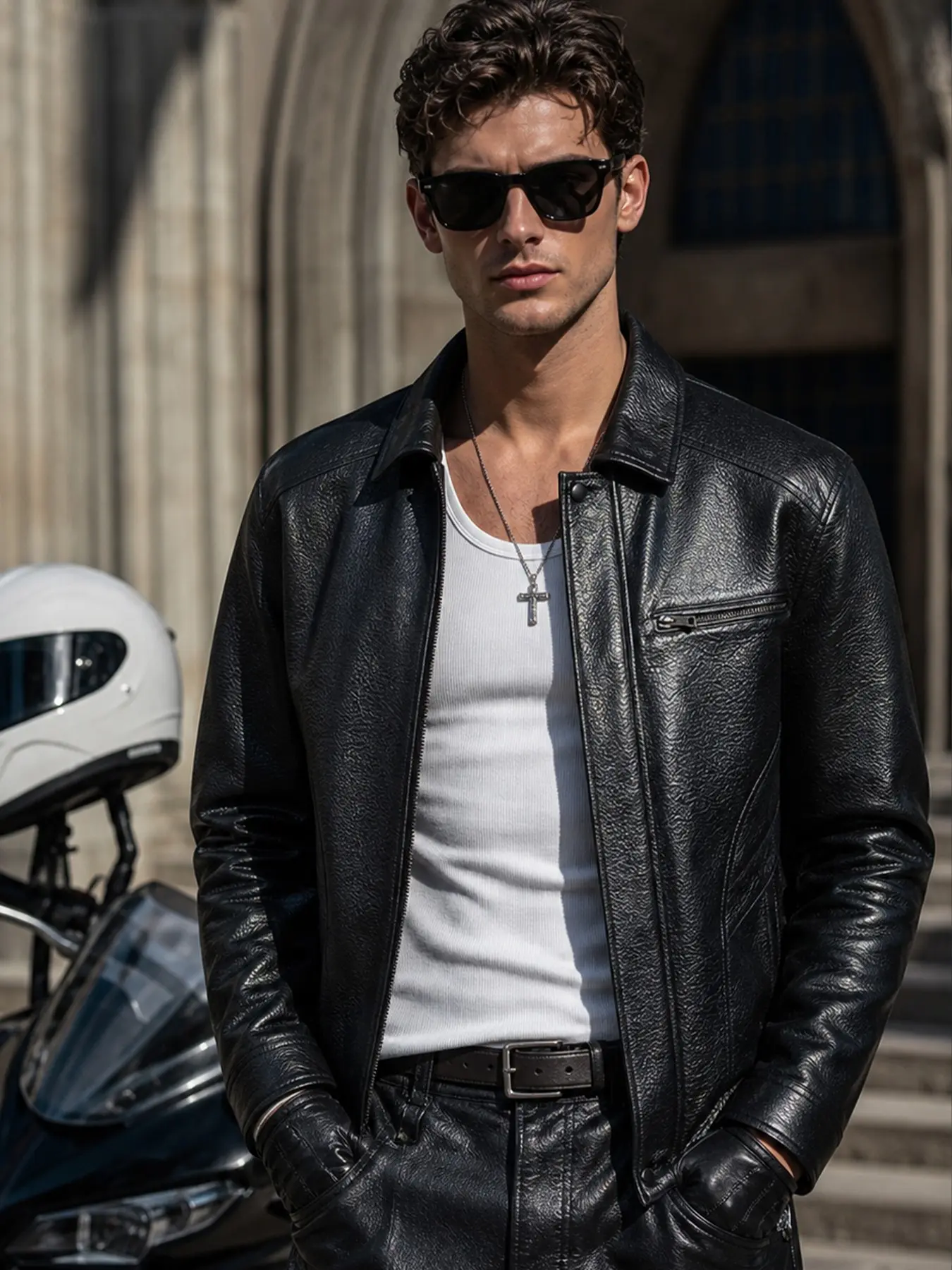 Men's Business Casual Leather Jacket, Stand Collar Motorcycle Coat, Plain Design, No Padding, Full Placket, Zipper Closure, Fall&winter Style