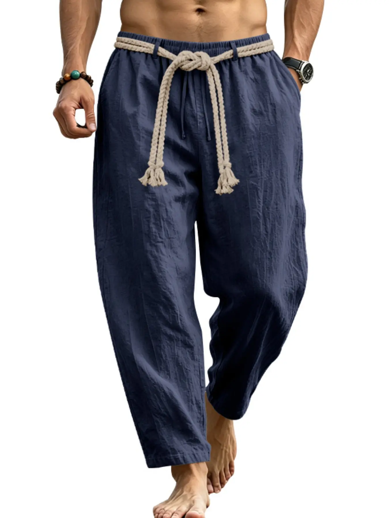 Men's Bohemian Linen Blend Ankle Pants, Thick Braided Drawstring Waist Loose Fit Trousers, Soft Breathable Summer Streetwear & Vacation Casual Pants Multi Colors