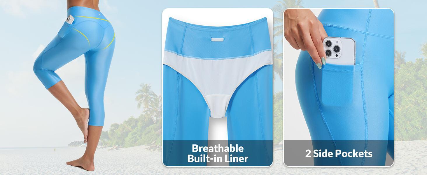 Baleaf Womens 18 Inch High Waisted Swim Capris UPF 50 Sun Protection Swim Tights With Built In Liner And Pockets For Water Aerobics