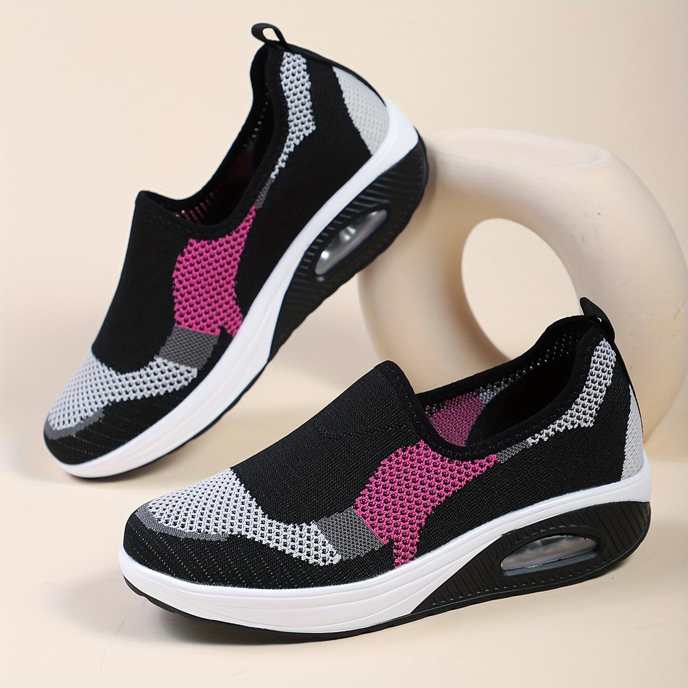 Women's Lightweight Knit Sneakers - Air Cushion, Breathable, Comfortable for All-Season Casual Running (Black/Pink/Gray)