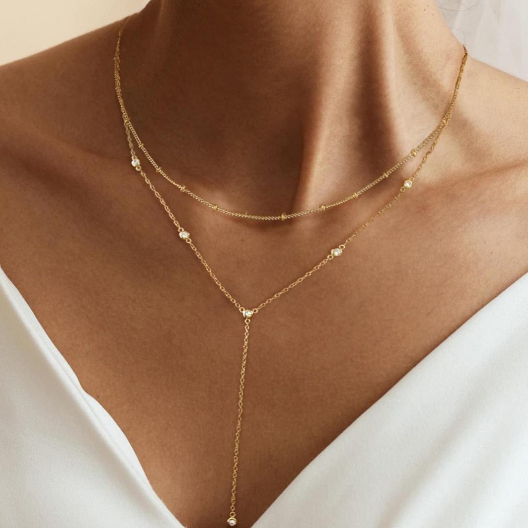 Luxury Gold Layered Necklace Set For Women Dainty CZ Pendant Lariat Y Necklace Bridal Gift For Her