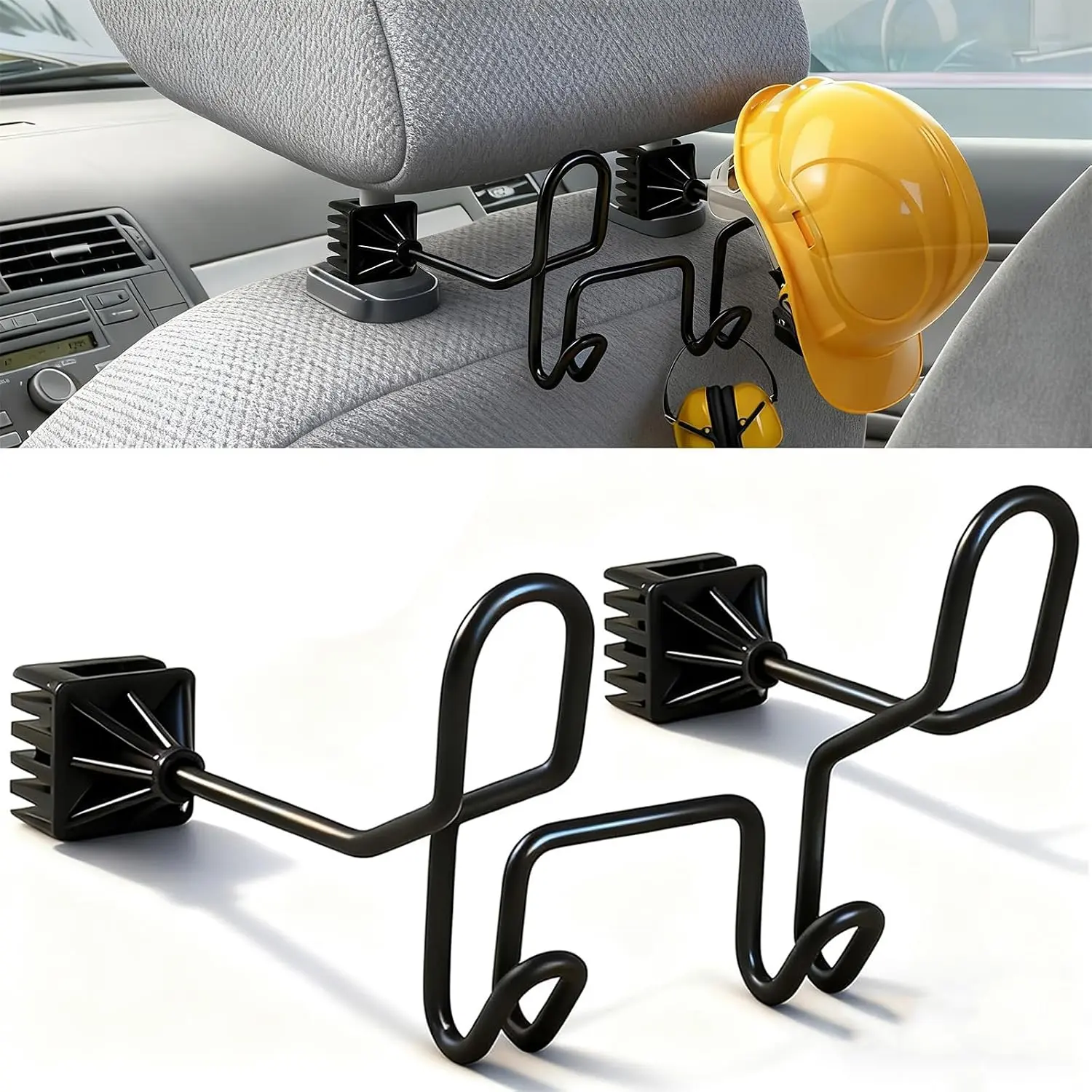Low Profile Dual-Hooks Steel Metal Hard Hat Storage Holder (1-Pack) - Heavy Duty Car Seat Organizer for Construction Safety Vest, Caps - Universal Size Fits Trucks, SUVs, Cars