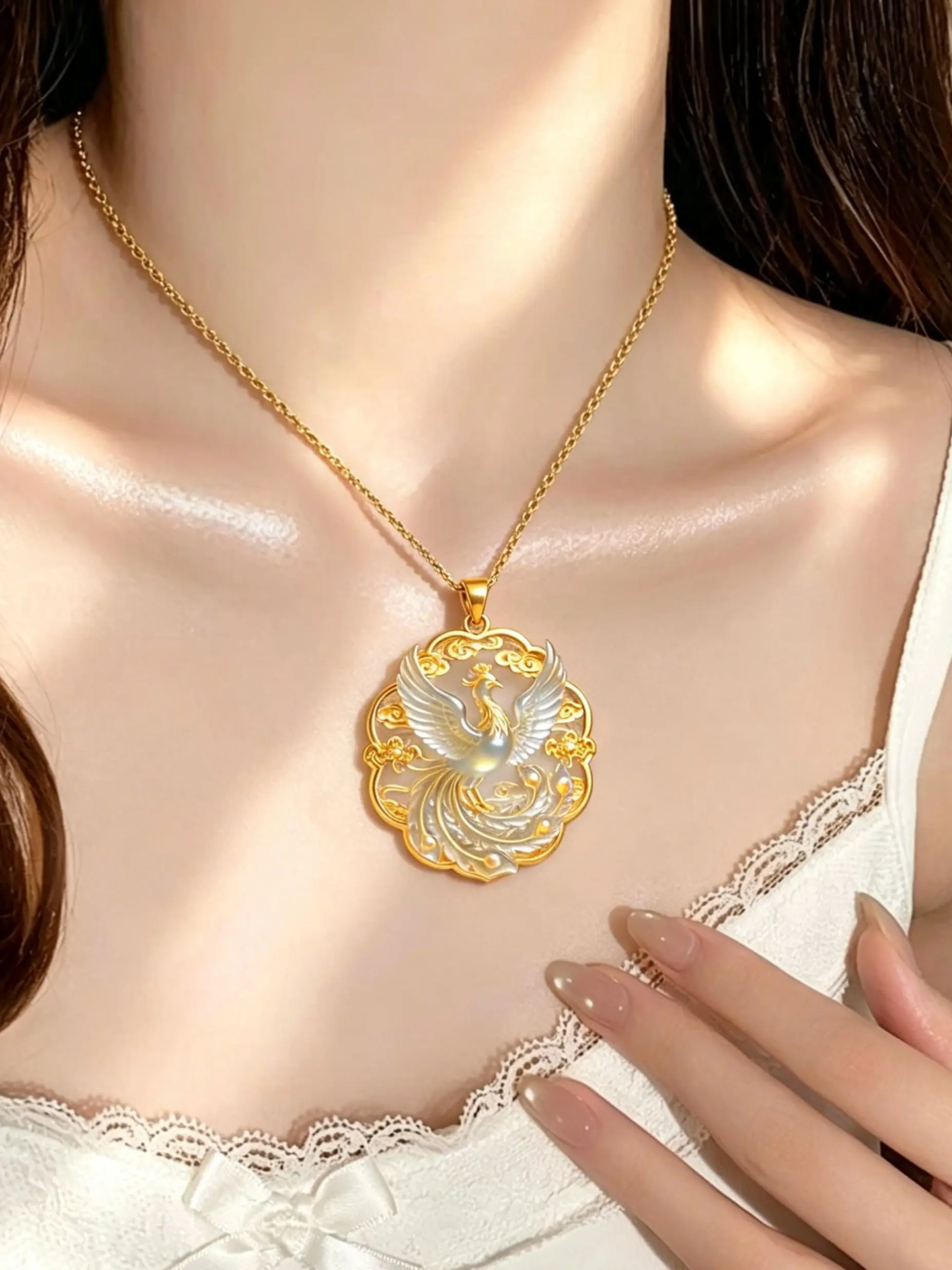 Phoenix Pendant Necklace, New Traditional Gold-Plated Agate, Elegant Eastern Luxury Jewelry, High-Quality Design, Perfect Gift
