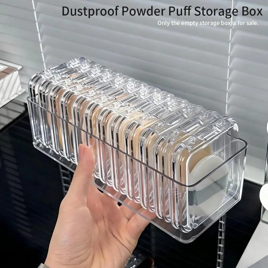 Transparent Dust-Proof Makeup Sponge Storage Set, 1 Long Base with 12 Independent Boxes, Cosmetic Organizer for Vanity Table