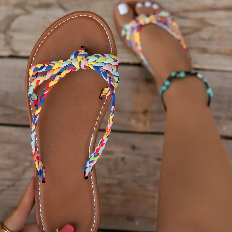 Boho Ethnic Braided Sandals for Women, Summer Leopard Pattern Flip Flops, Beach & Poolside Comfort, Textile Upper, Rubber Sole, Holiday Sandals