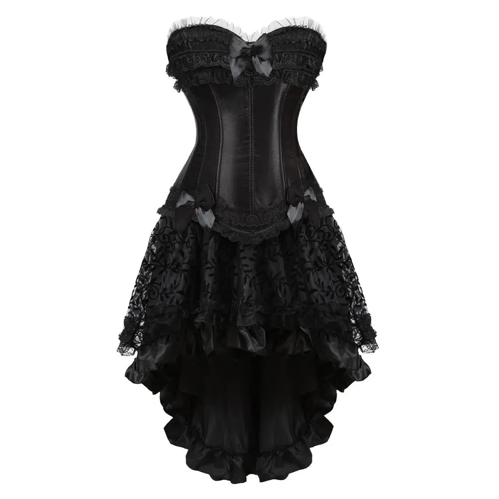 Corset Dress Skirt 2 Set Top and Bustier for Women Renaissance Sexy Lace up Lingerie Push up Corsets Overbust Satin Floral Victorian Princess Outfitters Halloween Costume Party Fashion Show Cosplay Korsett Corsé Mujer Corsetto Fashion Black