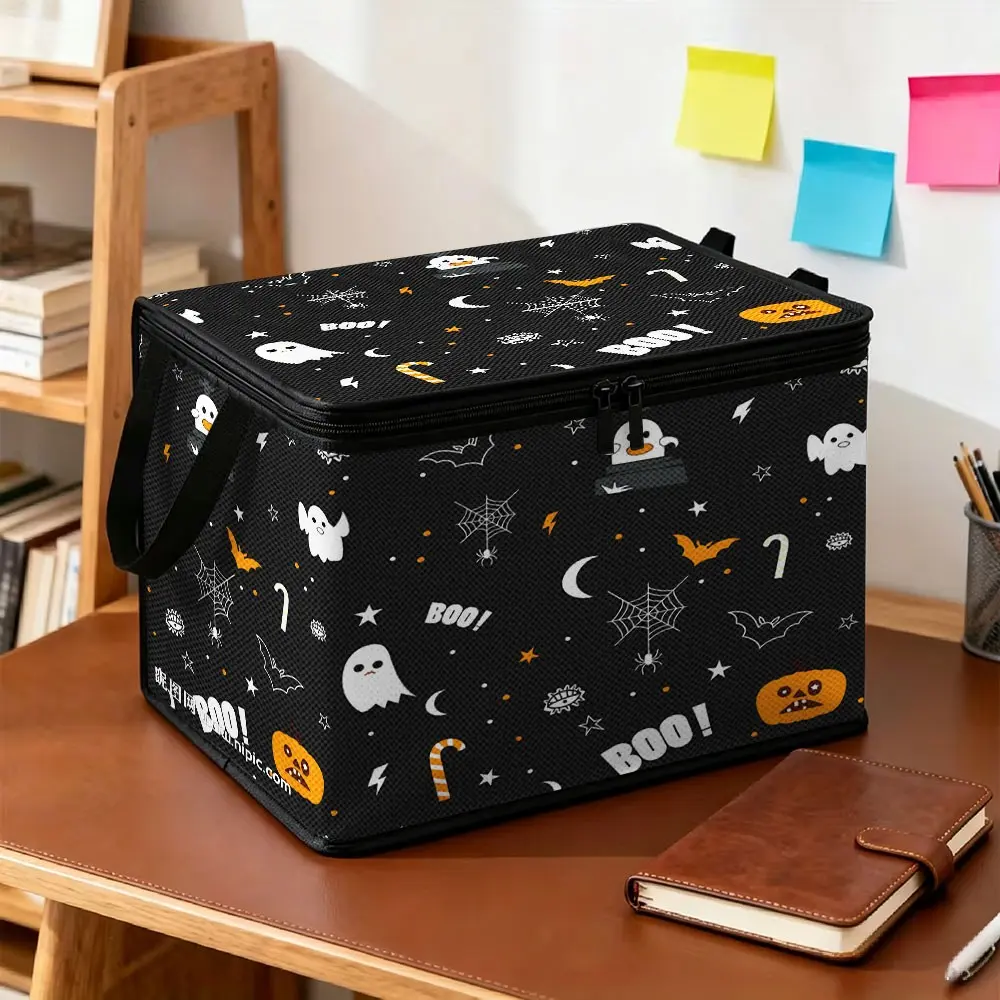Non-woven Storage Bin with Cute Ghost & Pumpkin Halloween Print, Zippered, Handheld, Foldable & Dustproof Storage Box, Fabric Organizer for Wardrobe Clothes, Dolls and Holiday Decorations at Home, Ideal for Storing Seasonal Garments and Sorting Household