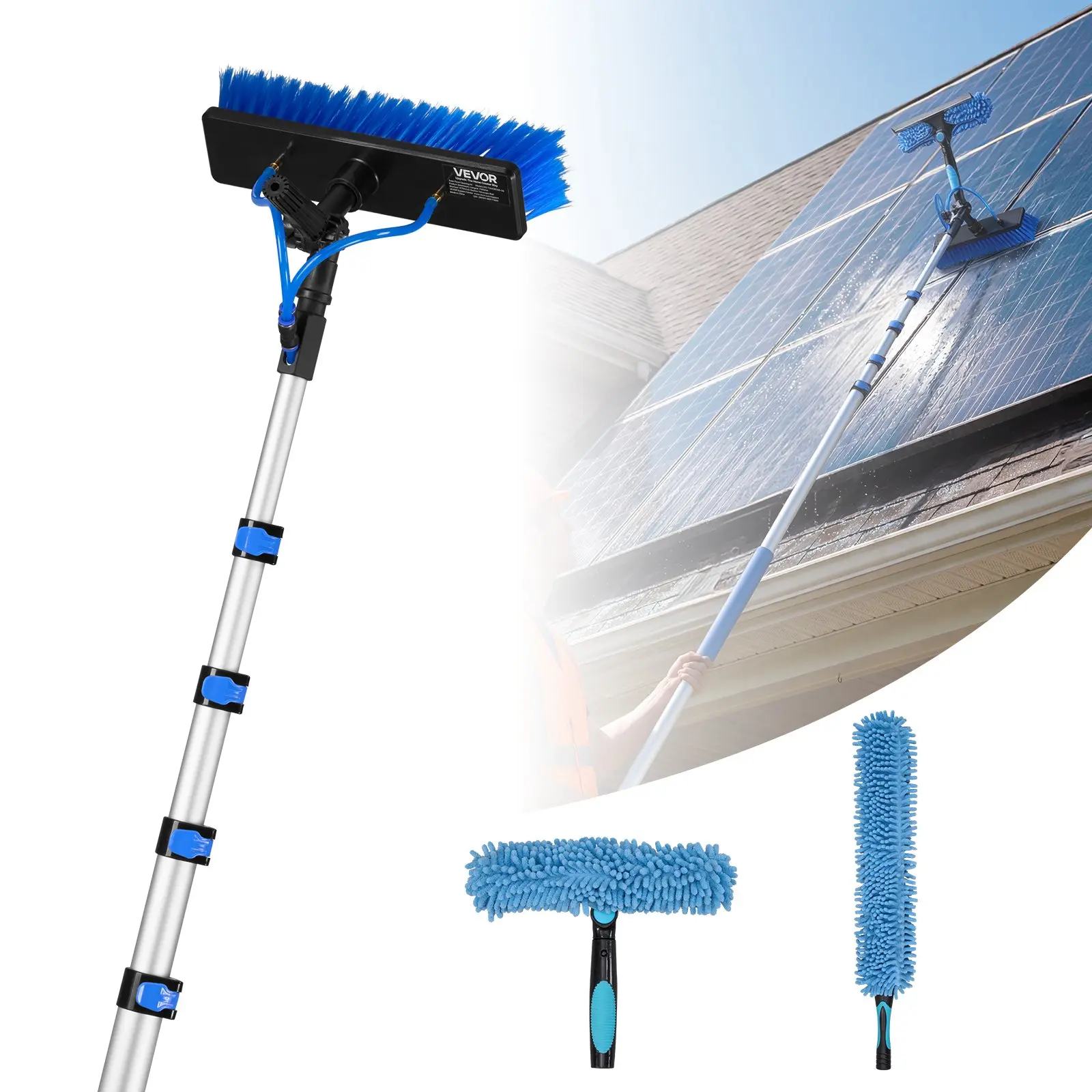 VEVOR Commercial Solar Panel Cleaning Tool Kit, 7.3m (24ft) Extendable Aluminum Telescopic Pole, 180° Rotating Brush, Soap Dispenser, Water Jets, 3.8kg Durable Kit for Residential Roof-Mounted Panels, Glass Surfaces