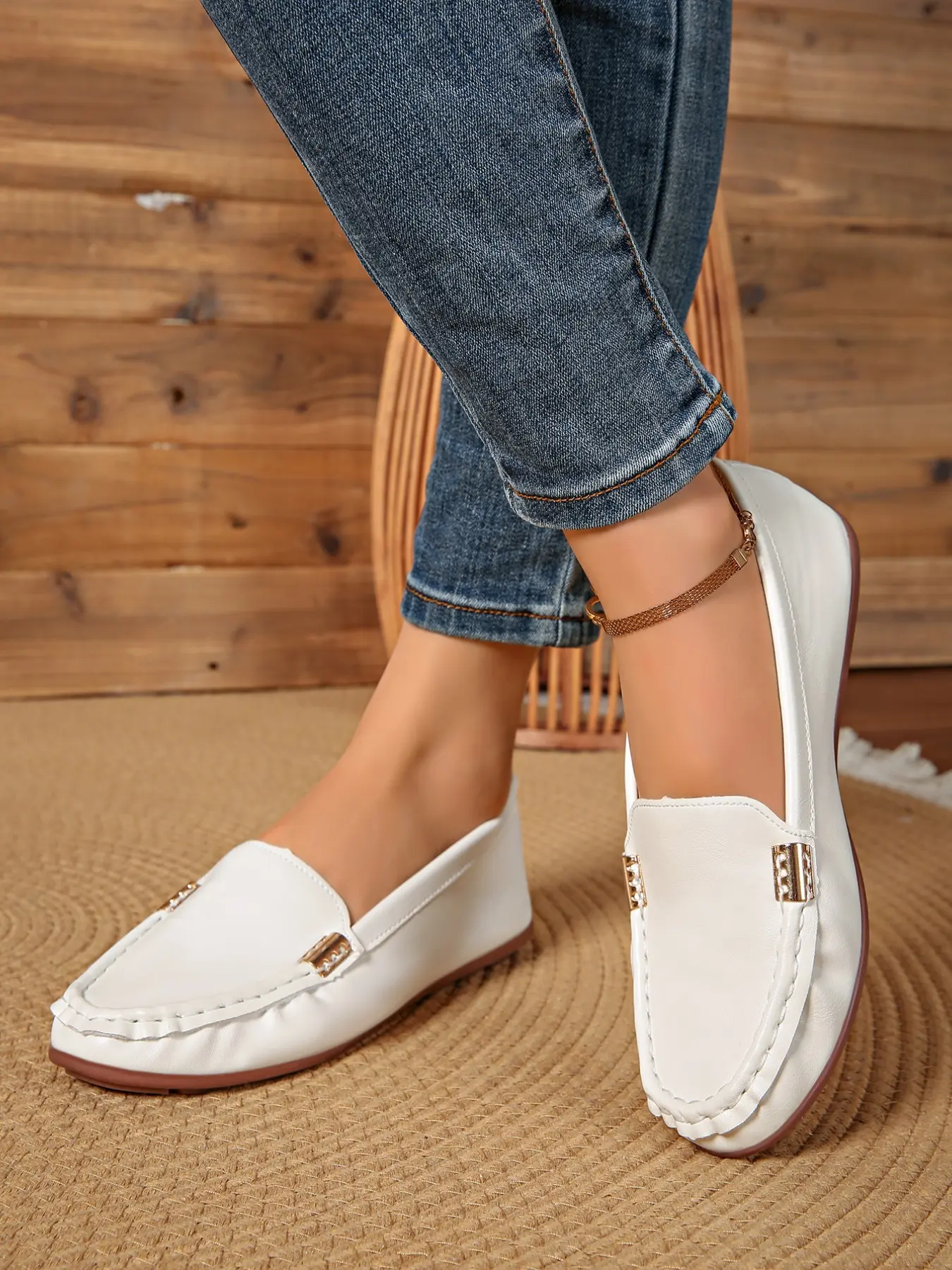 Metal Buckle Flat Loafers, Breathable Perforated Soft Sole, Casual Slip-On Shoes for Women, Comfortable All-Season Footwear