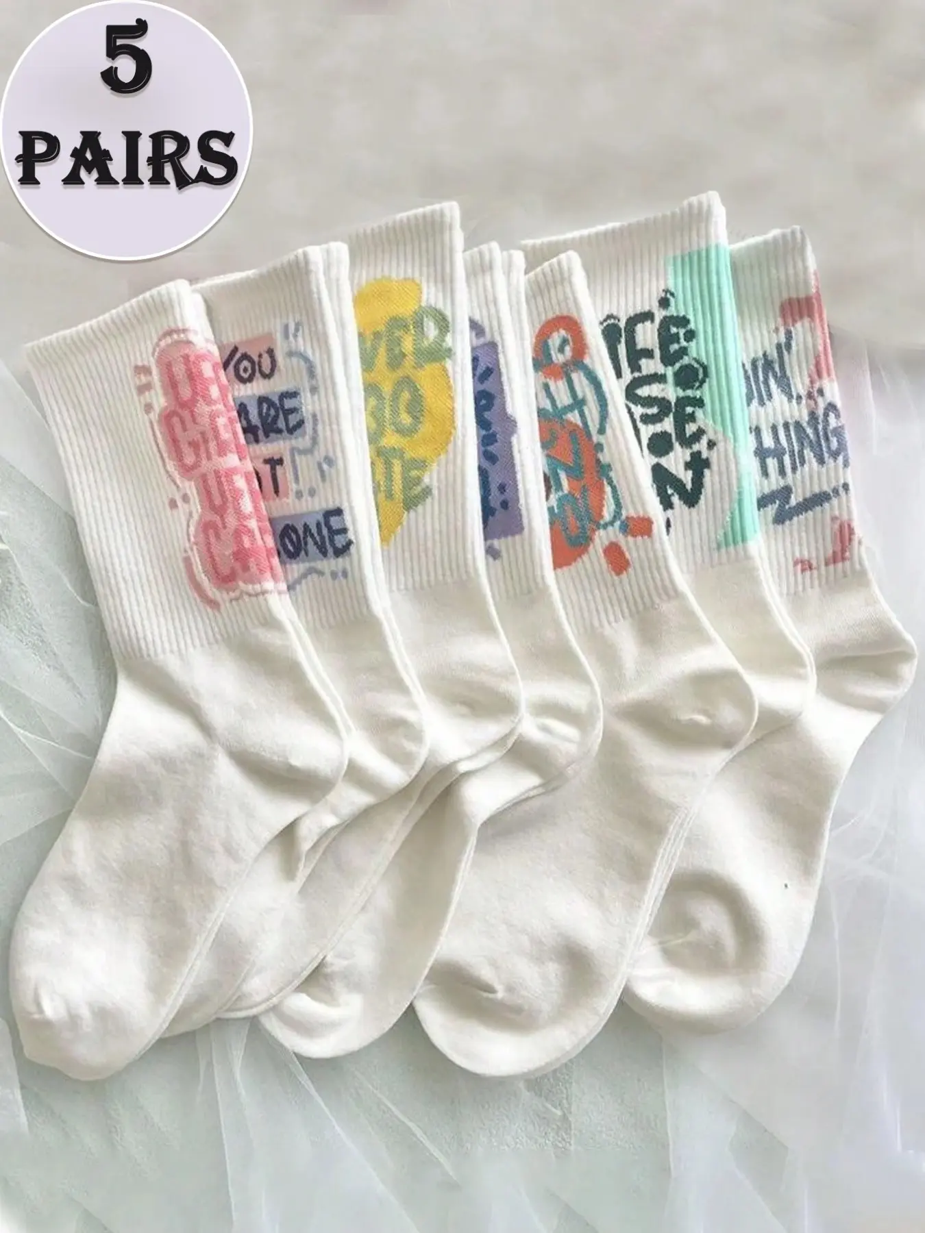 5 Pairs/7 Pairs Pack, Multipack Socks, Unisex Teen Crew Socks, Knitted Socks, Sweat-Wicking Basketball Socks, Streetwear Graffiti Style, Casual Stylish Socks, Comfortable Casual Socks for All Seasons