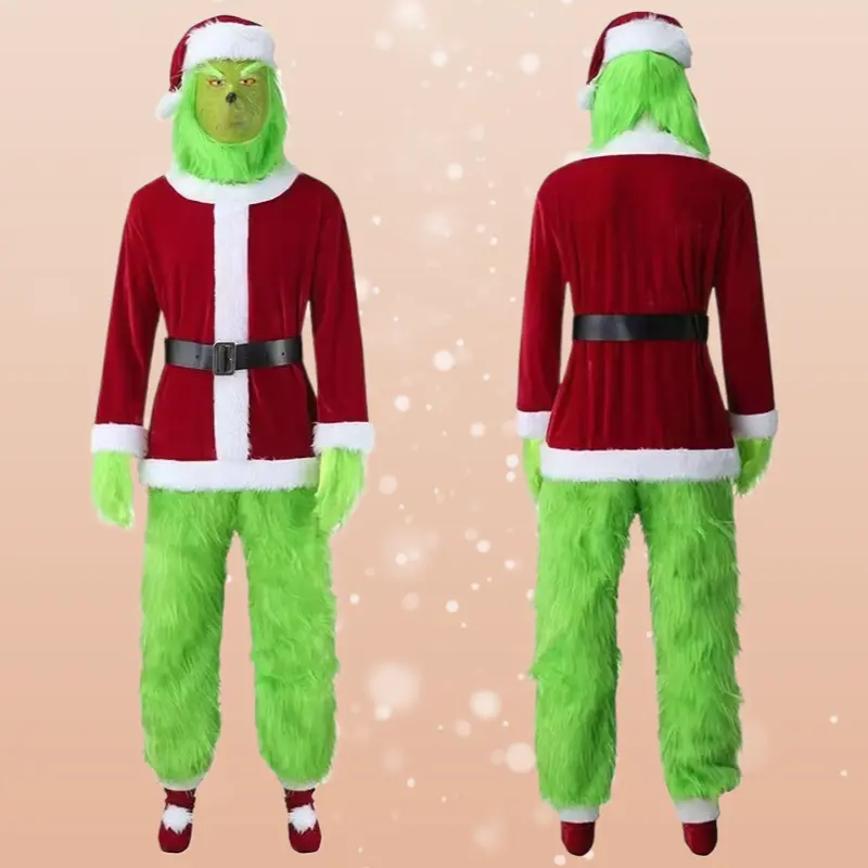 Grinch Green Monster Cosplay Santa Costume with Furry Pants Halloween Role‑Play Outfit Set