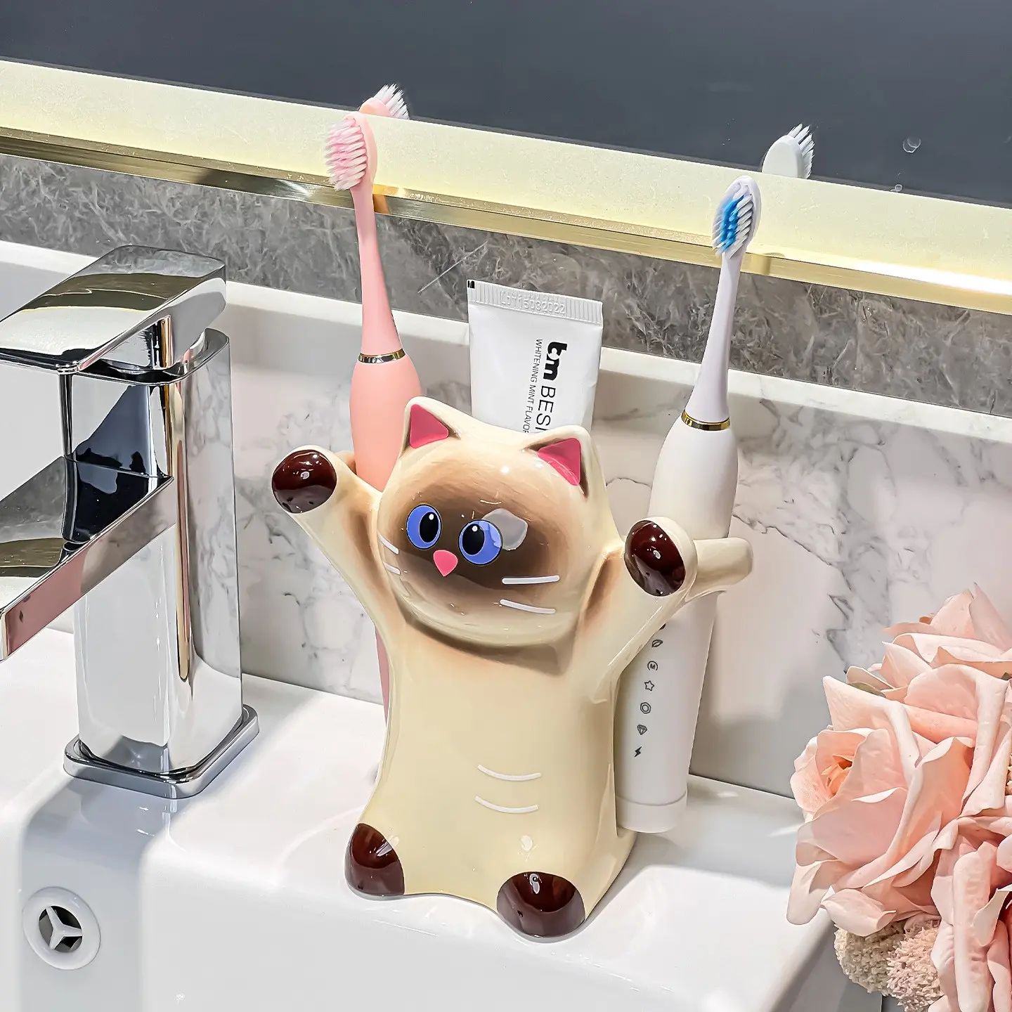 Cute Cartoon Cat Toothbrush Holder, Ceramic Electric Toothpaste Organizer, Adorable Kitten Bathroom Counter Accessory, Multi-Hole Storage Rack Decor Gift