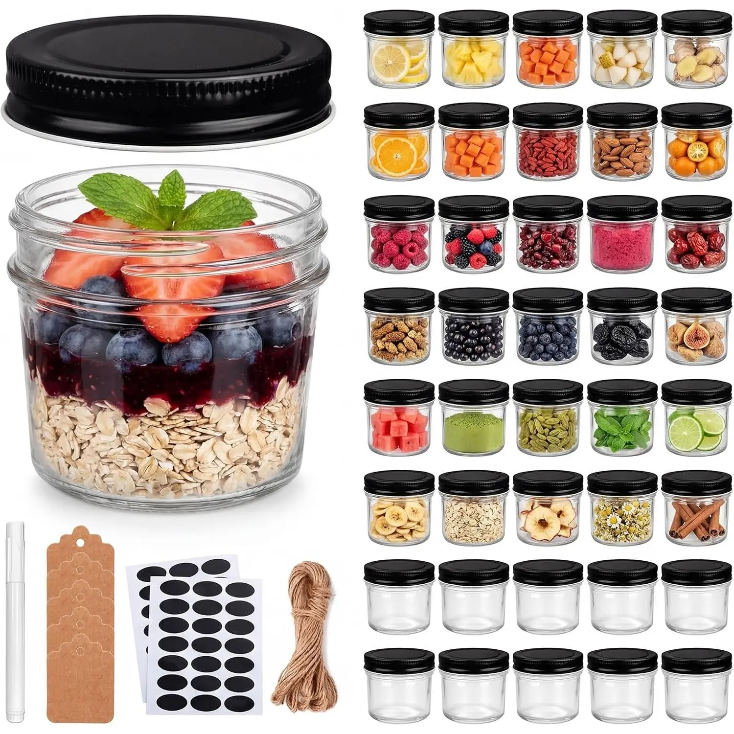 40 Packs 4oz Clear Mini Glass Mason Jars with Black Lids, Small Canning Jars for Spice, Honey, Jam, Jelly, Wedding Favors, DIY Party Favors, Kitchen Food Storage