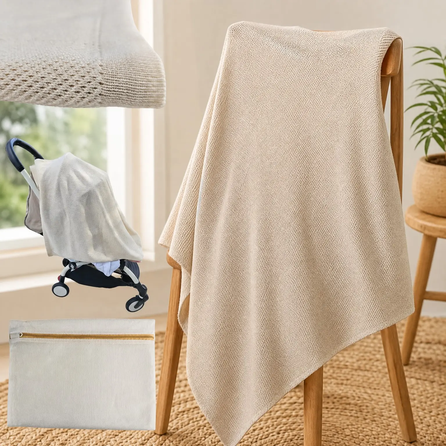 Breathable Organic Cotton & Cashmere Nursing Cover Poncho with Privacy Peekaboo Feature, Soft Breastfeeding Shawl for Women – Includes Laundry Bag (Beige)(Gift)