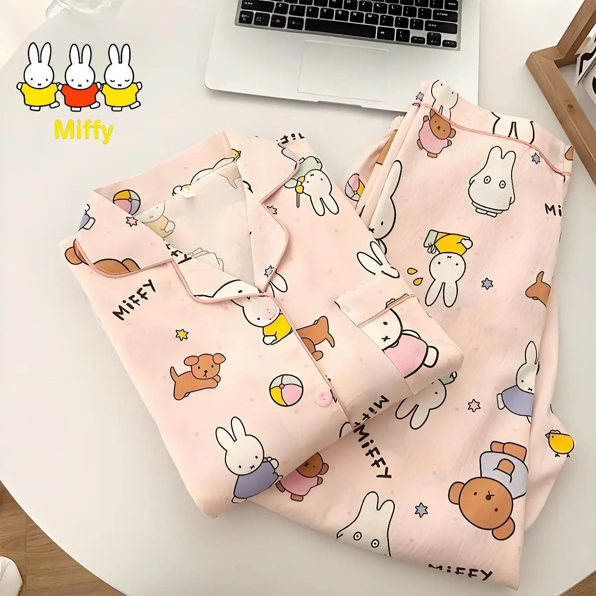Kawaii Miffy Rabbit Pajamas for Girls Spring and Autumn Cloud Cotton Long-sleeved Pants Set Cute Cartoon Home Wear for Students