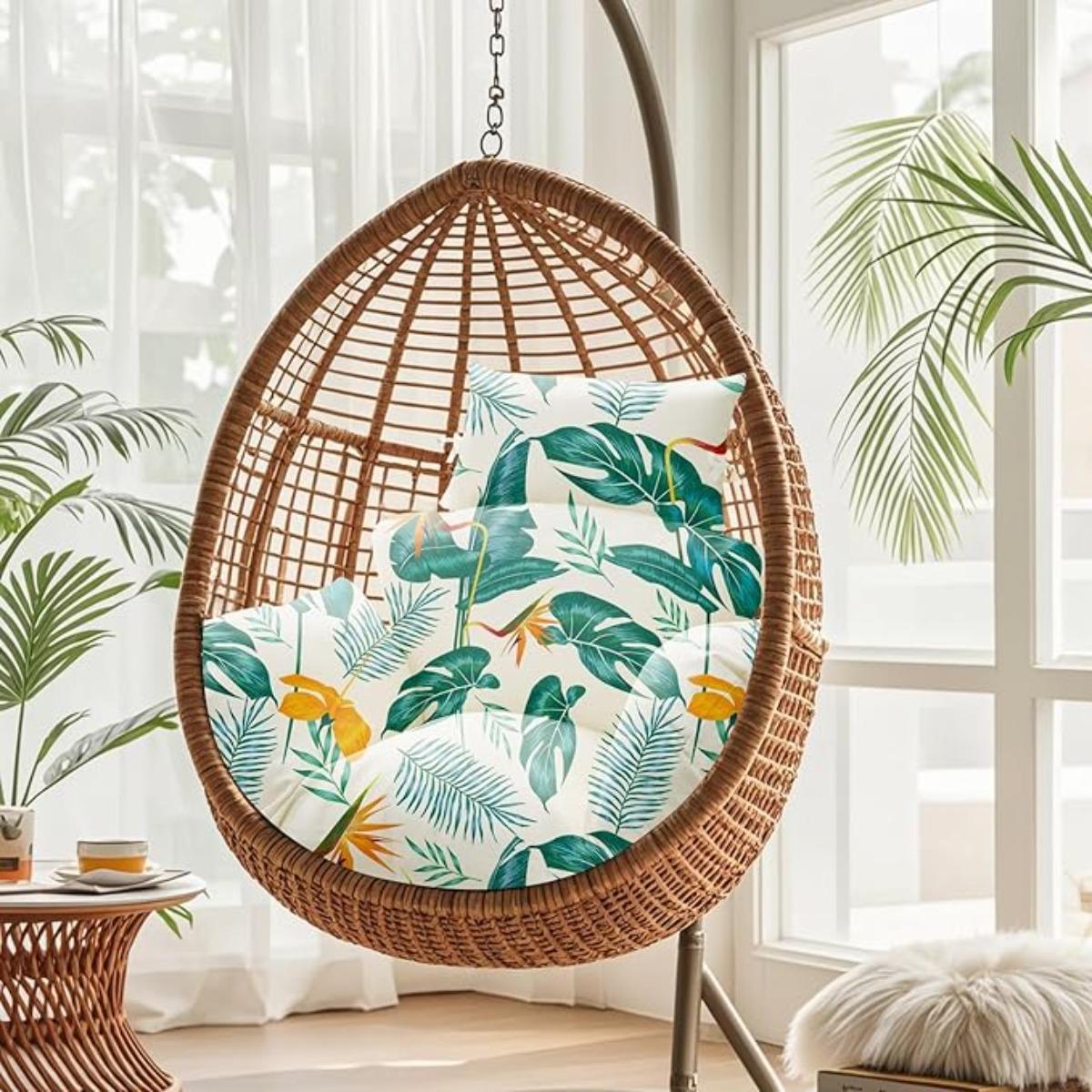 Waterproof Egg Chair Cushion Replacement 47x31.5x4.7 inch Thicken Hanging Egg Swing Chair Cushion IndoorUthem Outdoor Wicker Rattan Hammock Basket Cushion with Headrest Pillow, Yellow-Green Leaf