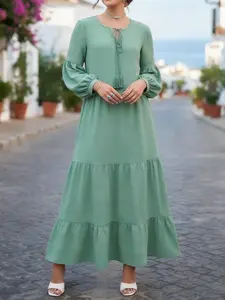Modest Women Tiered Maxi Dress, Tassel Tie Neck Lantern Sleeve Casual Hijab Abaya Dress, Modest Islamic Clothing