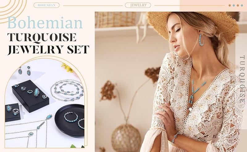 Florideco Bohemian Turquoise Jewelry for Women Men Western Turquoise Set Western Adjustable Belt Rings and Necklace Vintage Turquoise Drop Earrings Bracelet Western Boho Turquoise Jewelry for Women