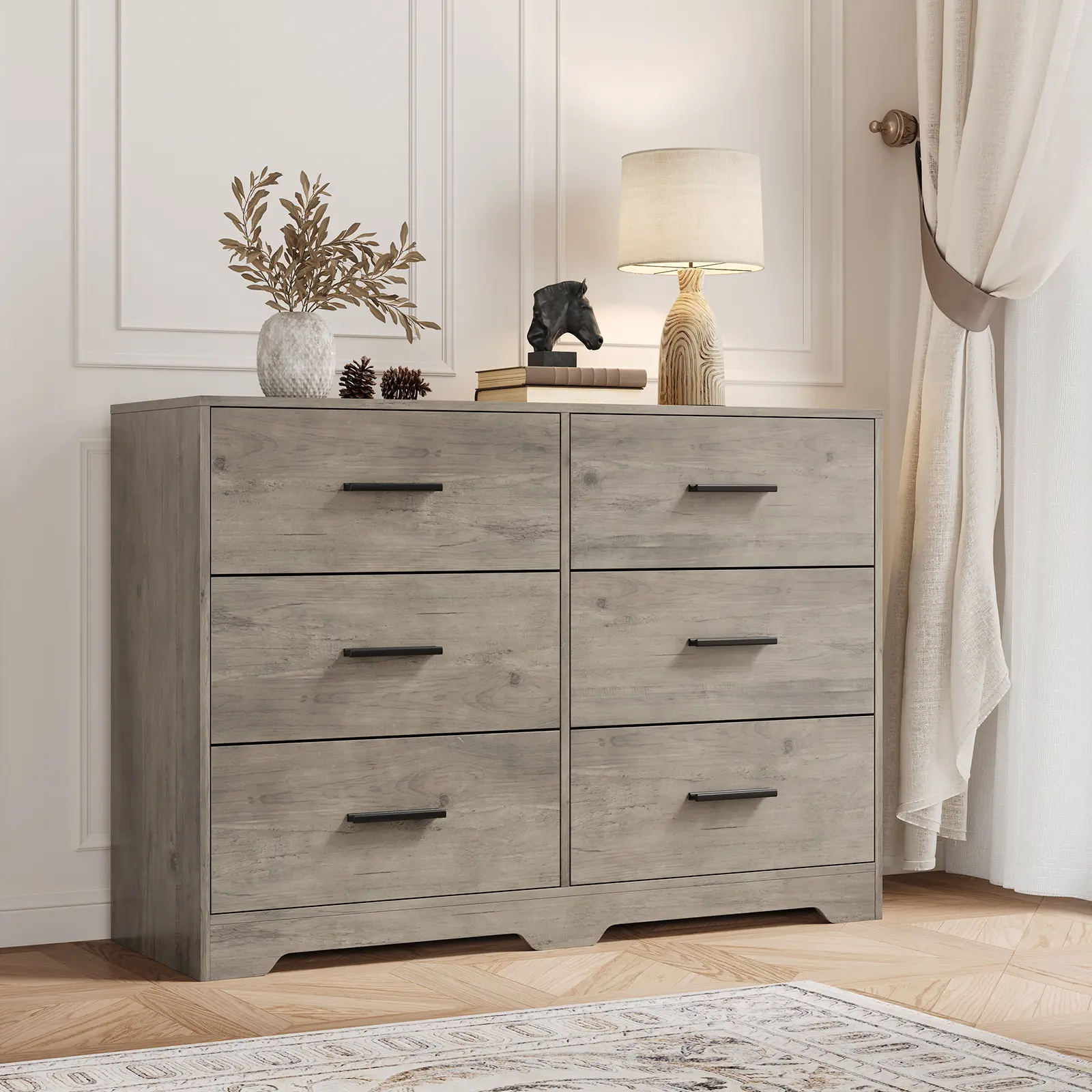 Modern 6-drawer dresser equipped with solid wood legs and metal handles. Large storage capacity with anti-tip design, suitable for various indoor spaces