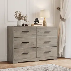 Modern 6-drawer dresser equipped with solid wood legs and metal handles. Large storage capacity with anti-tip design, suitable for various indoor spaces