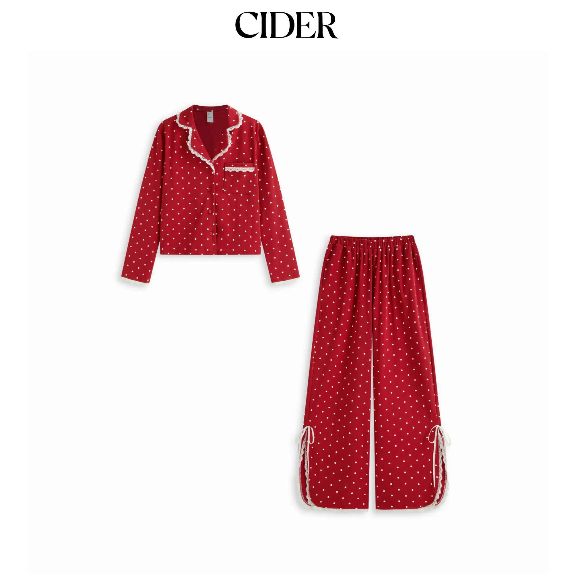 Cider Cotton-blend Polka Dot Lace Trim Top & High Rise Bowknot Wide Leg Trousers Loungewear Set