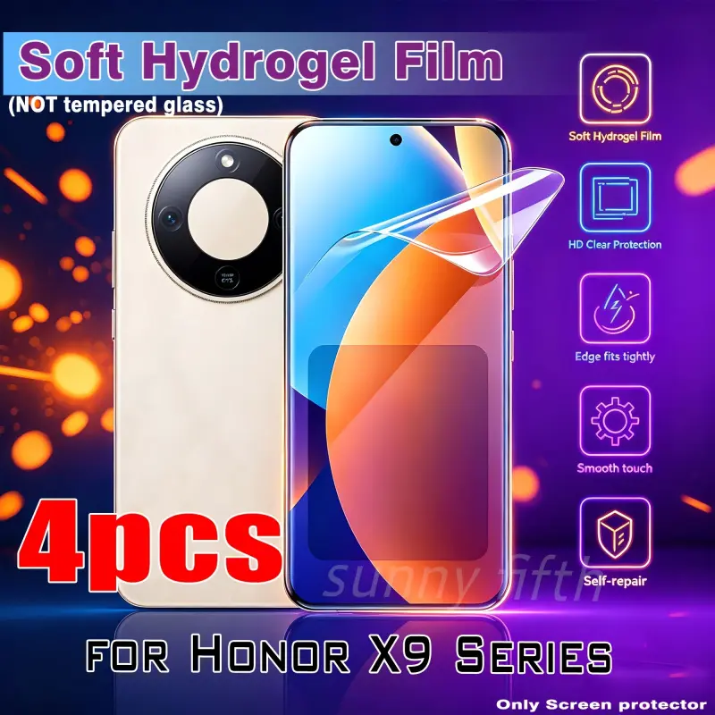 4-piece high-definition fingerprint unlocking hydrogel filmSuitable for Honor X9c Smart, Honor X9D, Honor X9b 5G, Honor X9c. Self-healing flexible hydrogel film, minor scratches can be repaired automatically, high-definition and transparent without yell