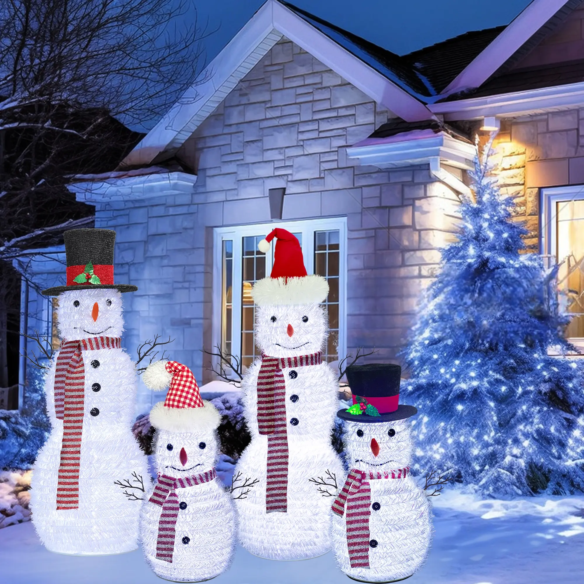 Classic Christmas Snowman Decoration Set, Large 120cm & Small 60cm PVC Figures, LED Lights, Indoor Outdoor Use, Unique Family Design