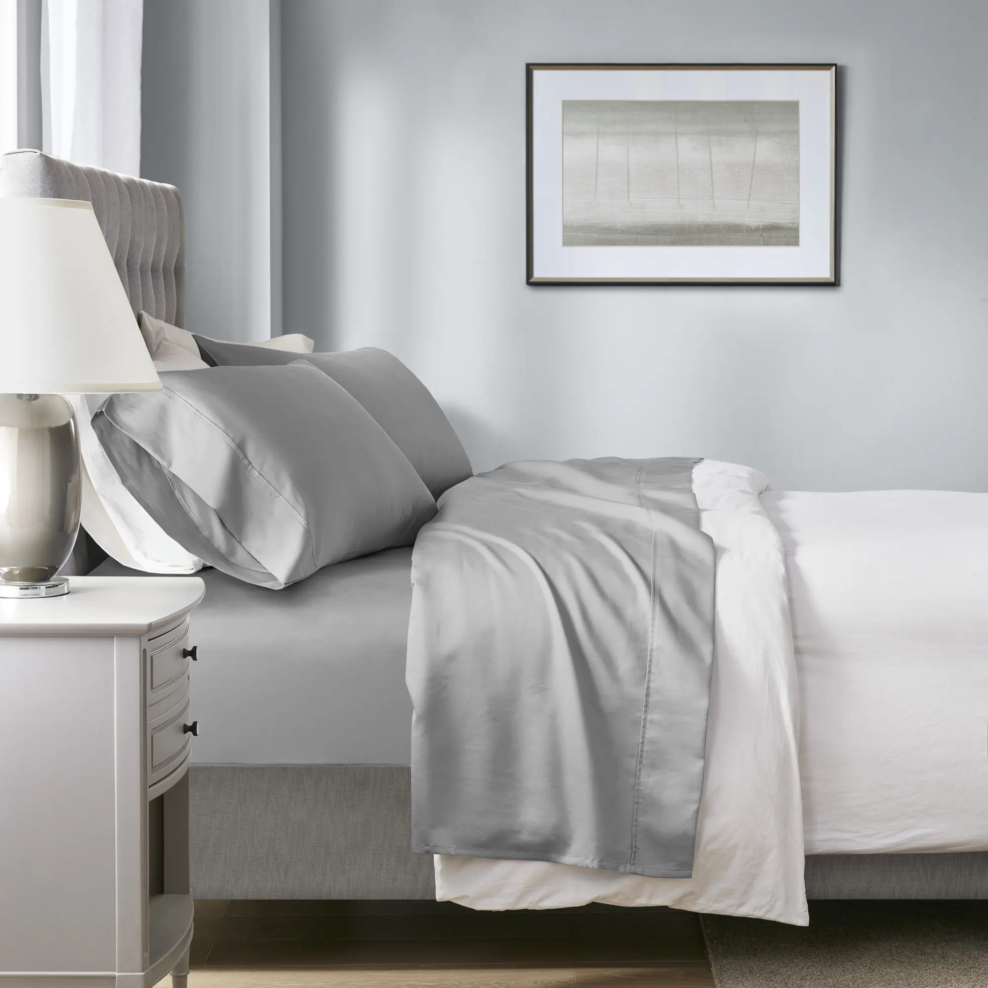 Nokaa 4-Piece King HeiQ Smart Temperature Cotton Blend Sheet Set, Grey, Cooling & Warmth Bedding, Moisture-Wicking, Breathable, Soft, Deep-Pocket Fitted, Flat, Pillowcases, for Master Bedroom, All-Season Comfort