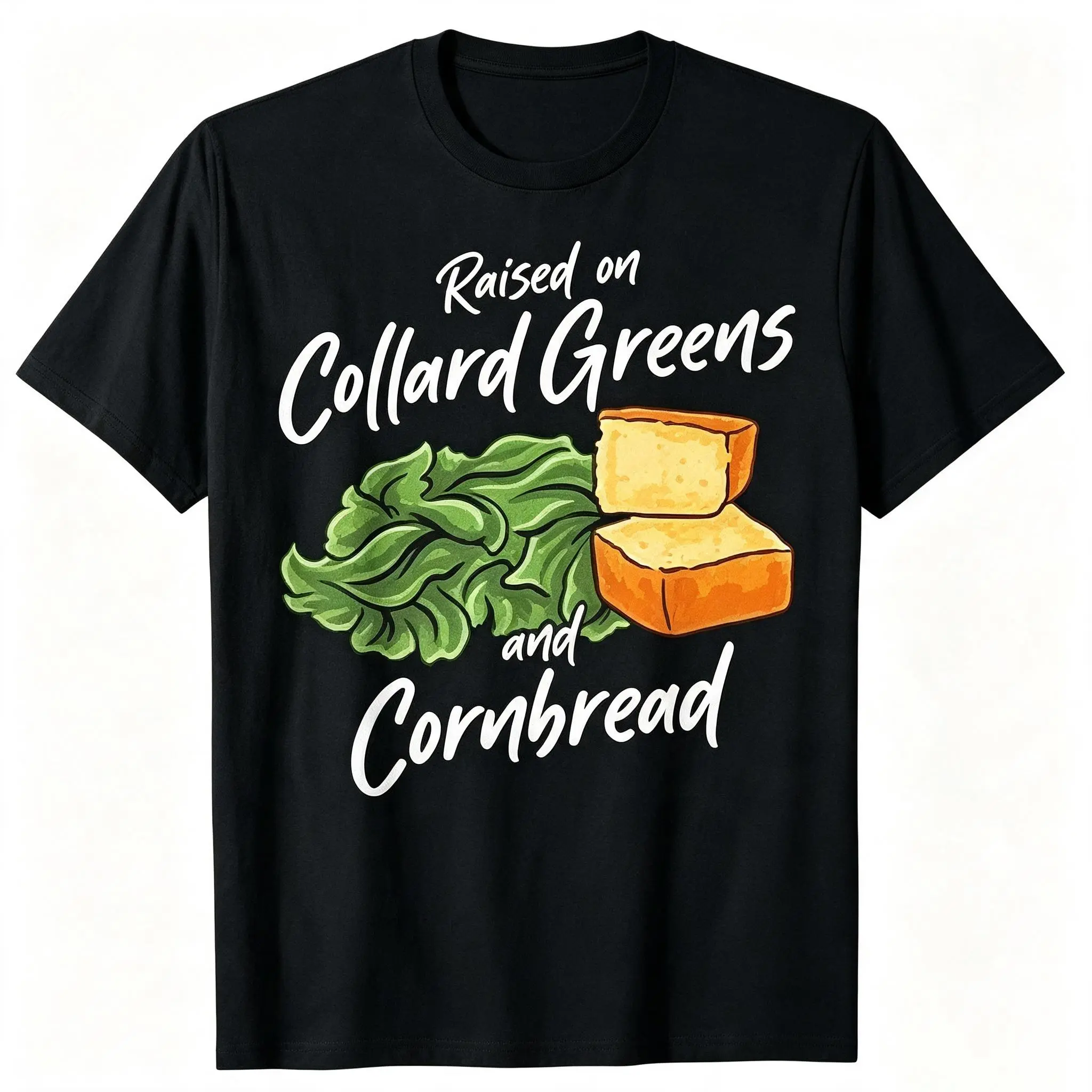 Men's & Women's Southern Food Collard Greens & Cornbread T-Shirt - 220gsm Heavyweight Pure Retro Vintage Tee with Southern Cuisine Graphic, Casual Round Neck Shirt for BBQ, Picnic, Casual Attire