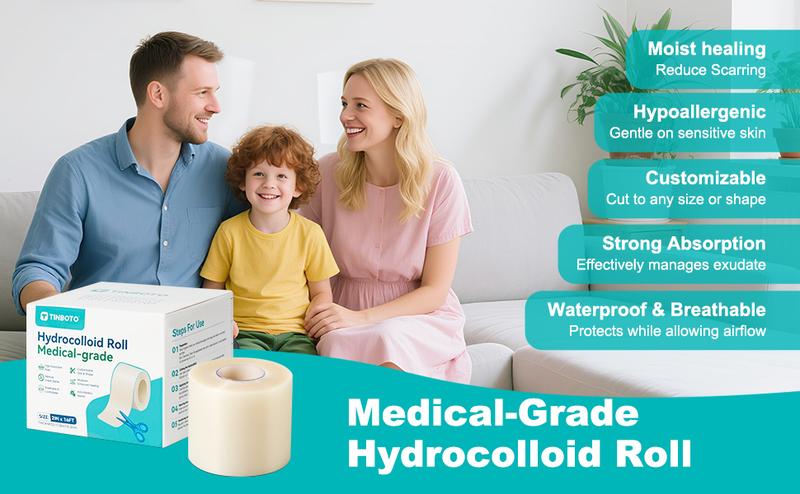TINBOTO Hydrocolloid Roll for Wound Care Medical-grade Self-Adhesive Bandages 2IN x 4.8FT Effective Wound Management