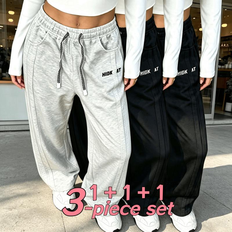 3PC Women's Sports Jogging Pants, Side Striped Wide Leg Casual Pants, Loose Fit, Sports Pants, Women's Casual Sports Sweatpants for The Street