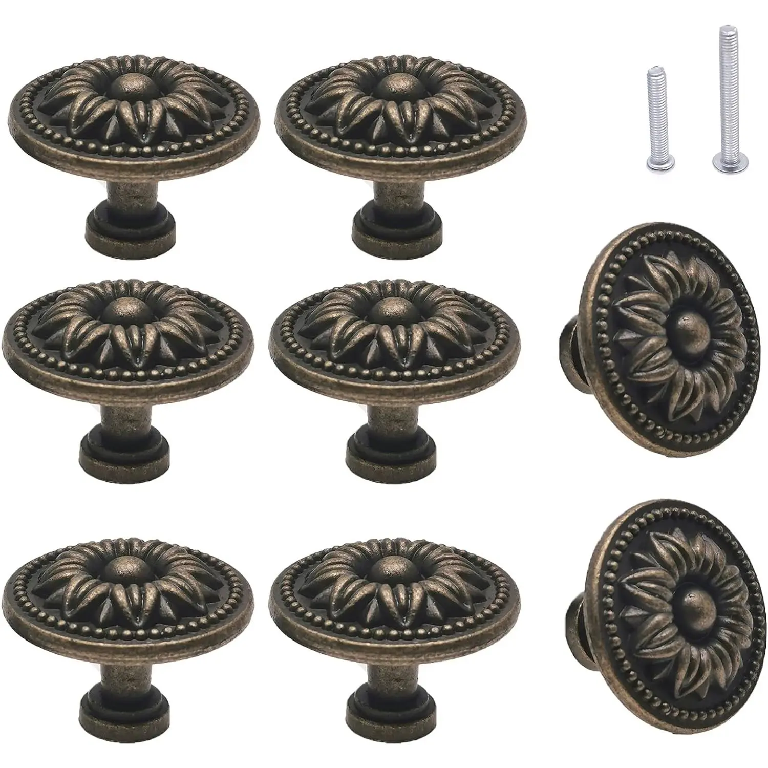 Flower Shape Cabinet Drawer Knobs, Antique Bronze Dresser Drawer Handles 8 count, Flower Shape | Durable Zinc Alloy, 2 Size Screws Included, Easy to Install, For Cabinet Dresser Cupboard Wardrobe