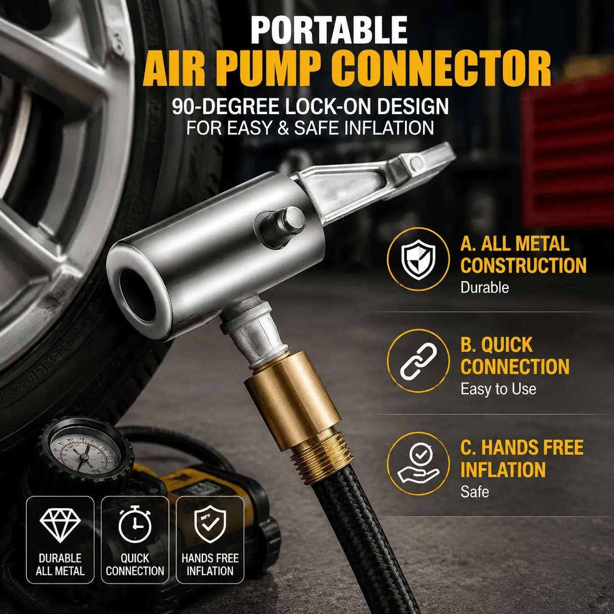 Universal Tire Inflator Adapter Connector, Portable Quick Connect Air Compressor Hose Fitting, Tool-Free Installation for Car Tires, Pump and Inflator Accessory, Compatible with Most Air Chucks