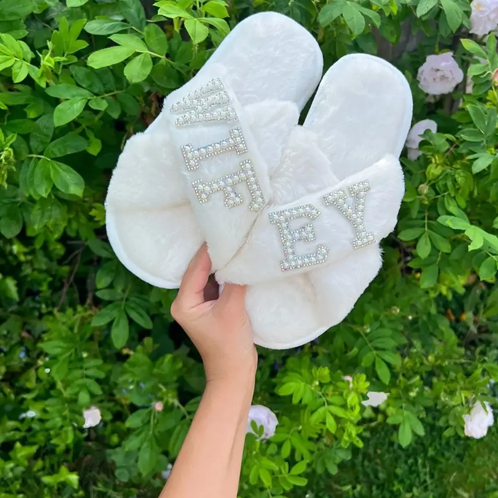 Pearl wifey fluffy Slippers Spring autumn winter spa Sleepover rustic beach disco Wedding Morning engagement Bridal Shower Honeymoon travel Bachelorette hen night Party Bach Weekend Girls Trip bride to be decoration Future Mrs Gift photo props
